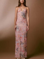 Mesh Double-Layered Strap Butterfly Midi Dress