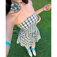 Summer Strapless Floral Checkered Printed Lace-Up Cinched Waist Flower Bud Dress
