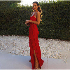 Halter Backless Slit Ruffle Dress