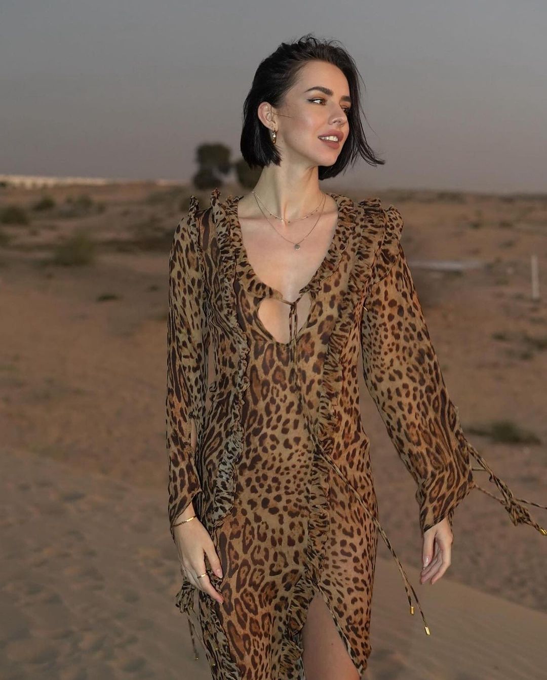 Leopard Print Ruffled Slit Long-Sleeved Midi Dress