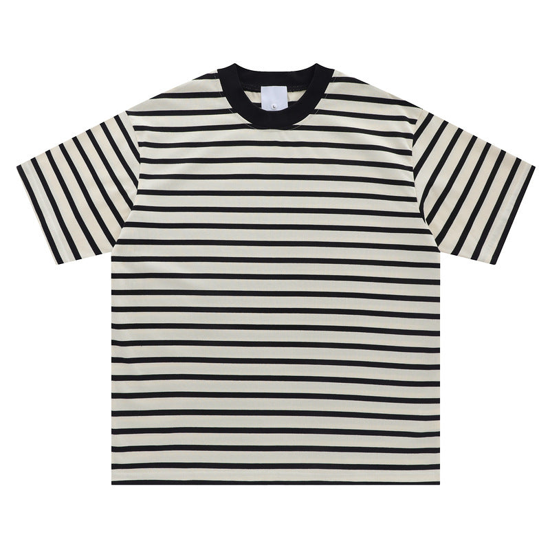 Retro Contrast Striped Loose Short Sleeves