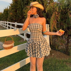 Summer Strapless Floral Checkered Printed Lace-Up Cinched Waist Flower Bud Dress