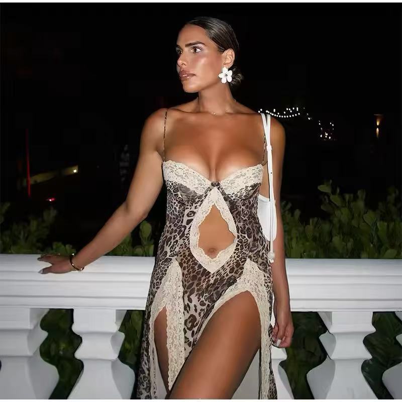 Leopard Print Suspender Lace Slit Midi Dress