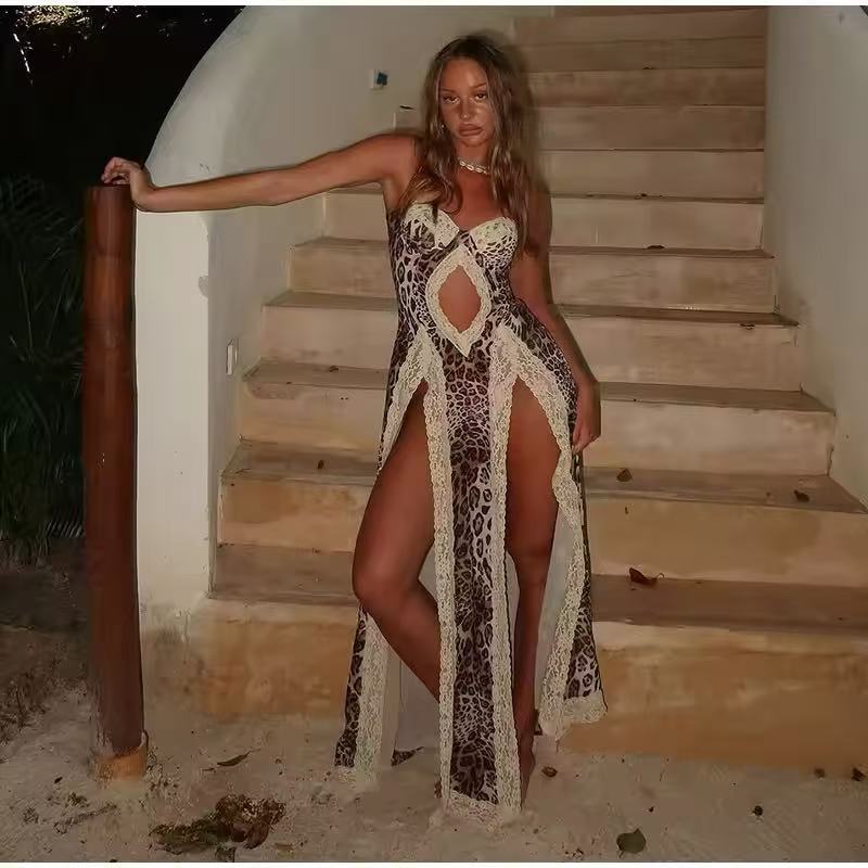 Leopard Print Suspender Lace Slit Midi Dress