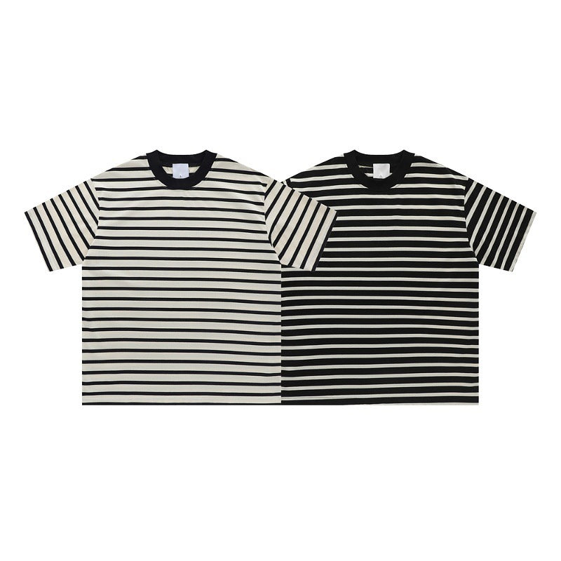 Retro Contrast Striped Loose Short Sleeves