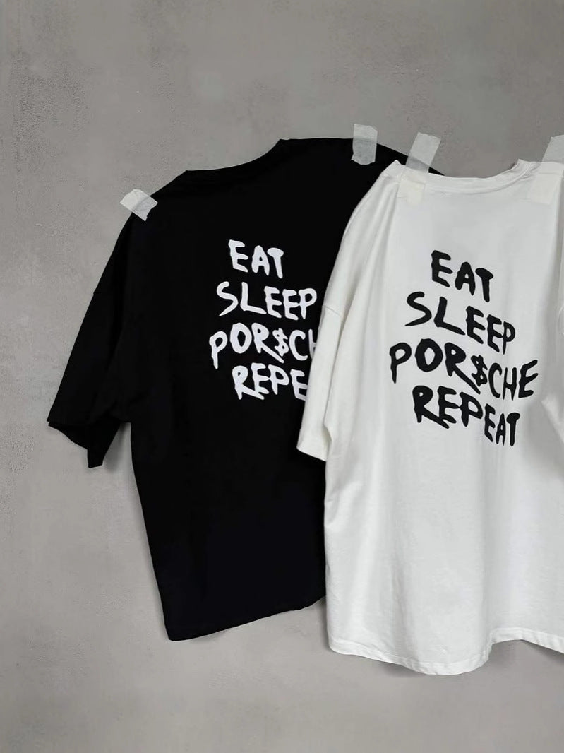 Back letter print top round neck short sleeve T-shirt