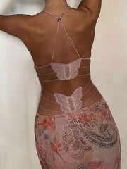 Mesh Double-Layered Strap Butterfly Midi Dress