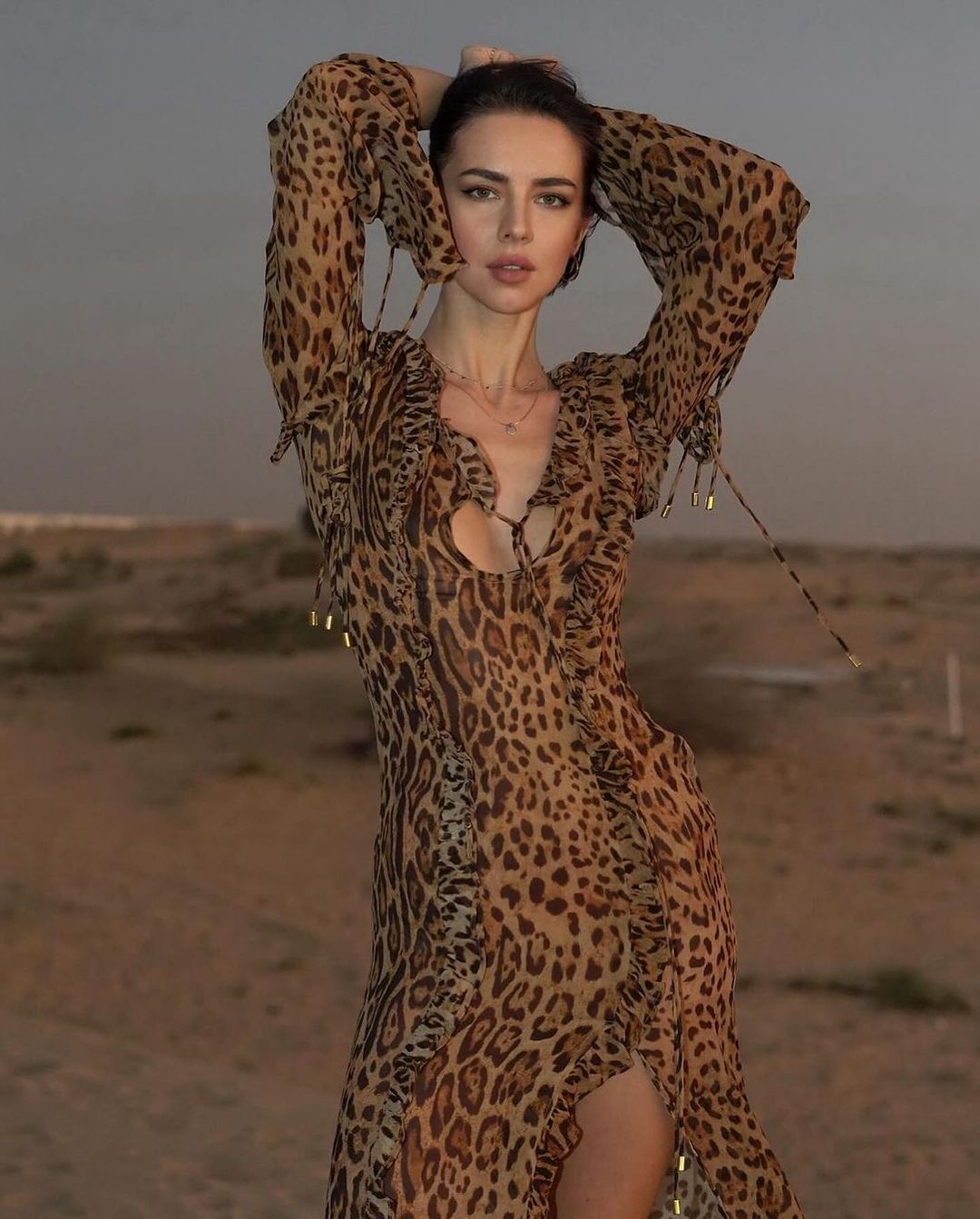 Leopard Print Ruffled Slit Long-Sleeved Midi Dress
