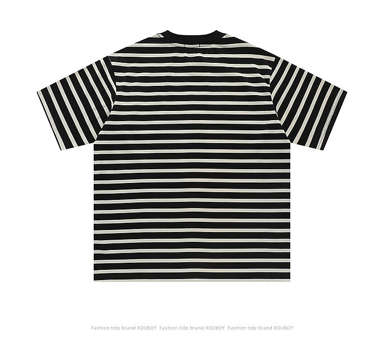 Retro Contrast Striped Loose Short Sleeves