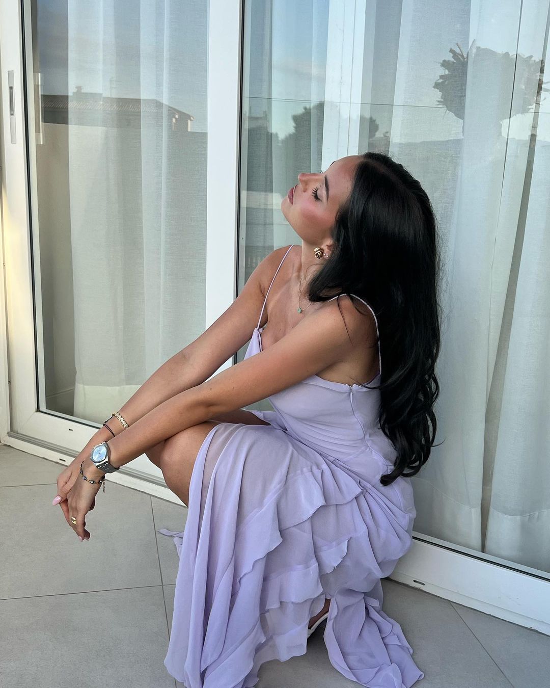 Chiffon Open-Back Slit Ruffle Midi Dress