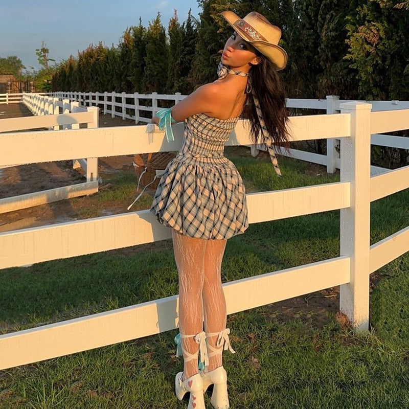 Summer Strapless Floral Checkered Printed Lace-Up Cinched Waist Flower Bud Dress