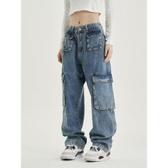 Washed Distressed Straight Jeans Pants