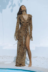 Leopard Print Ruffled Slit Long-Sleeved Midi Dress