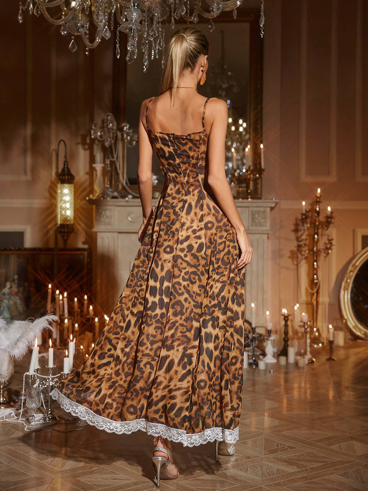 Leopard Print Suspender Lace Slit Midi Dress