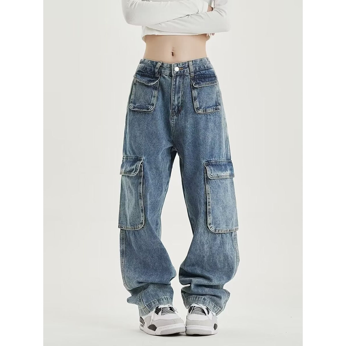 Washed Distressed Straight Jeans Pants