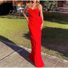 Halter Backless Slit Ruffle Dress