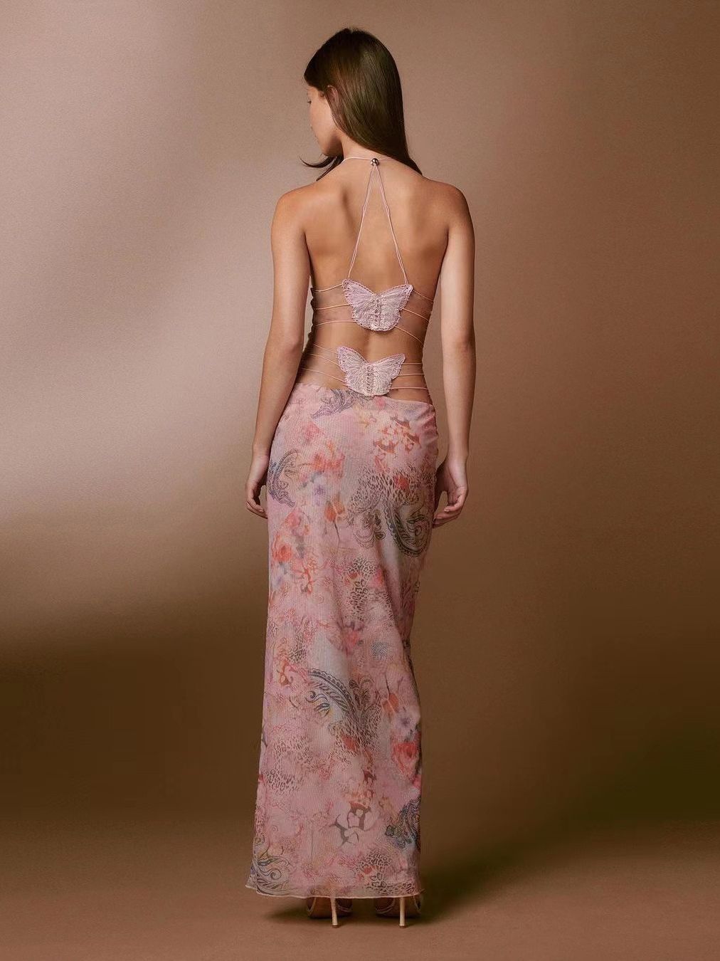 Mesh Double-Layered Strap Butterfly Midi Dress