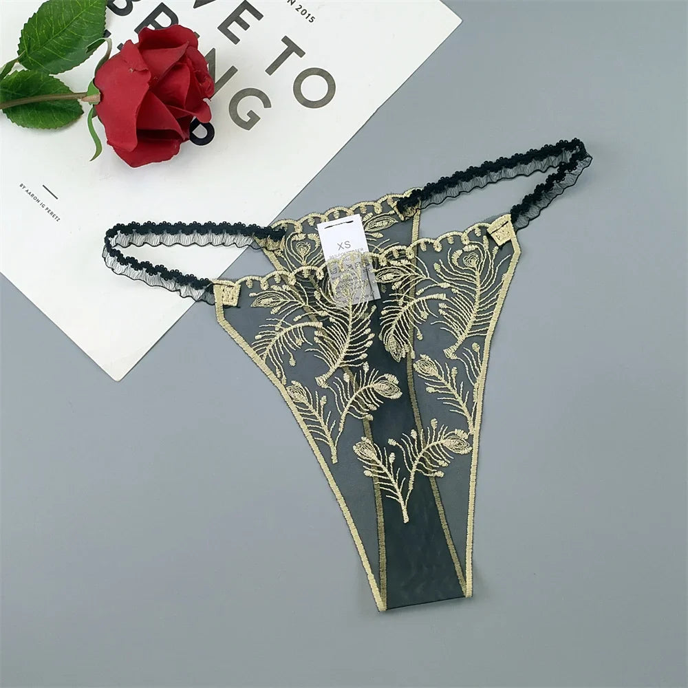 Seamless Embroidered Floral Mesh Thong