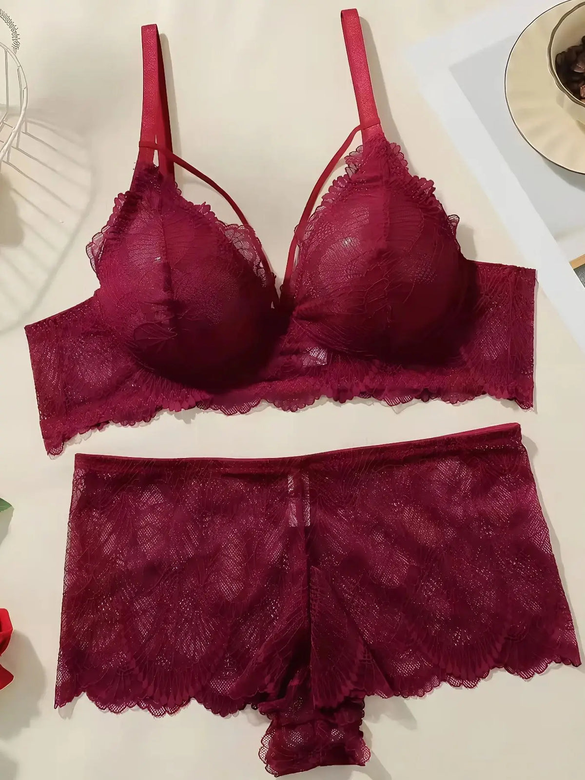 Sexy Burgundy Deep V Lace Bra