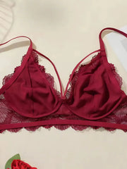 Sexy Burgundy Deep V Lace Bra