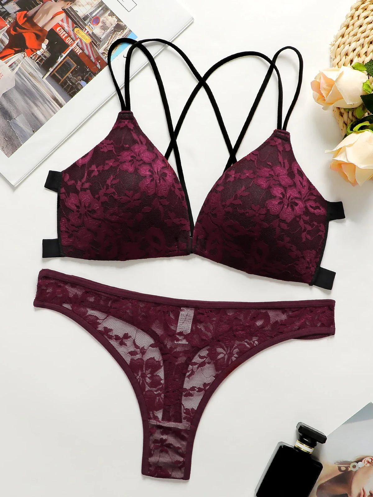 Sexy Burgundy Red Lace Wireless Front Closure Bra