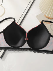 Sexy Embroidered Checkered Heart-shaped Plus Size Bra