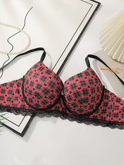 Sexy Embroidered Checkered Heart-shaped Plus Size Bra