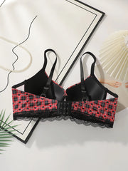 Sexy Embroidered Checkered Heart-shaped Plus Size Bra