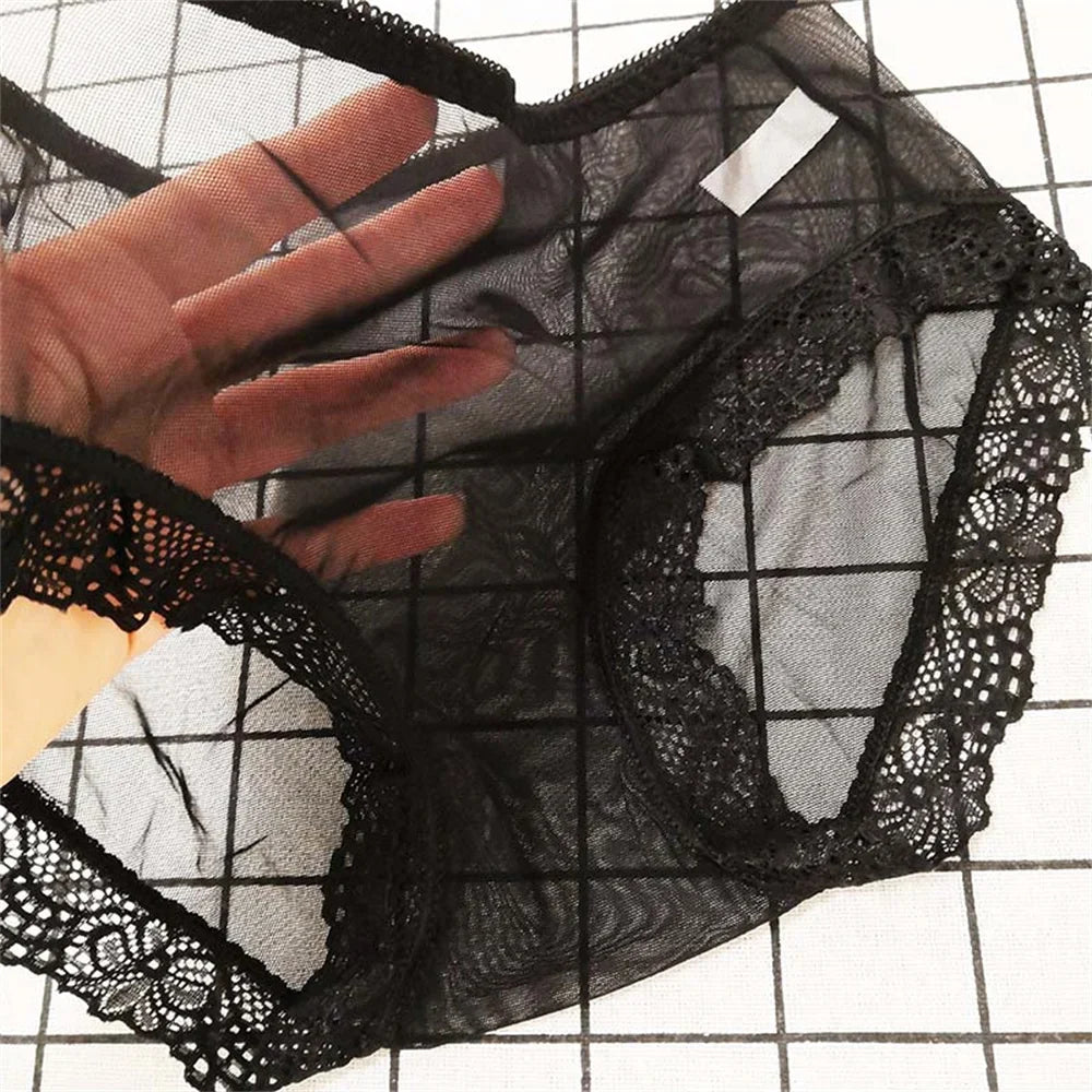 Sexy Lace Trim Solid Briefs Full Transparent Mesh Panties