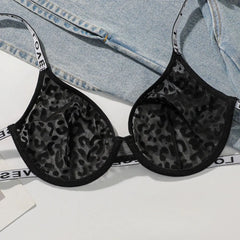 Sexy Leopard Print Lace Letter See Through Underwire Bra