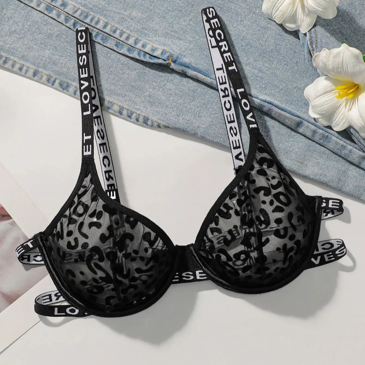 Sexy Leopard Print Lace Letter See Through Underwire Bra