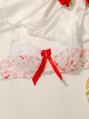 Sexy White Lace Red Bow Bra
