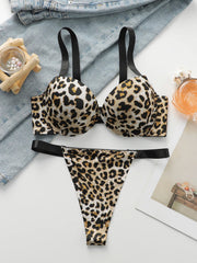 Sexy leopard print 2-piece set with gathered lifting and thickened steel support Bra