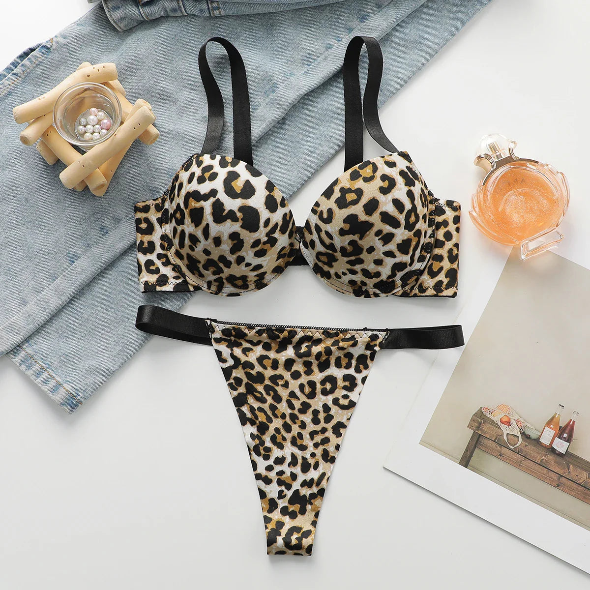 Sexy leopard print 2-piece set with gathered lifting and thickened steel support Bra