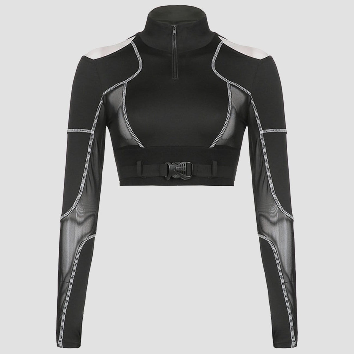 Dark Personality Patchwork Mesh Buckle Cropped Long Sleeve T Shirt