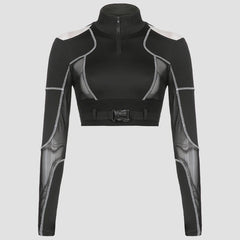 Dark Personality Patchwork Mesh Buckle Cropped Long Sleeve T Shirt