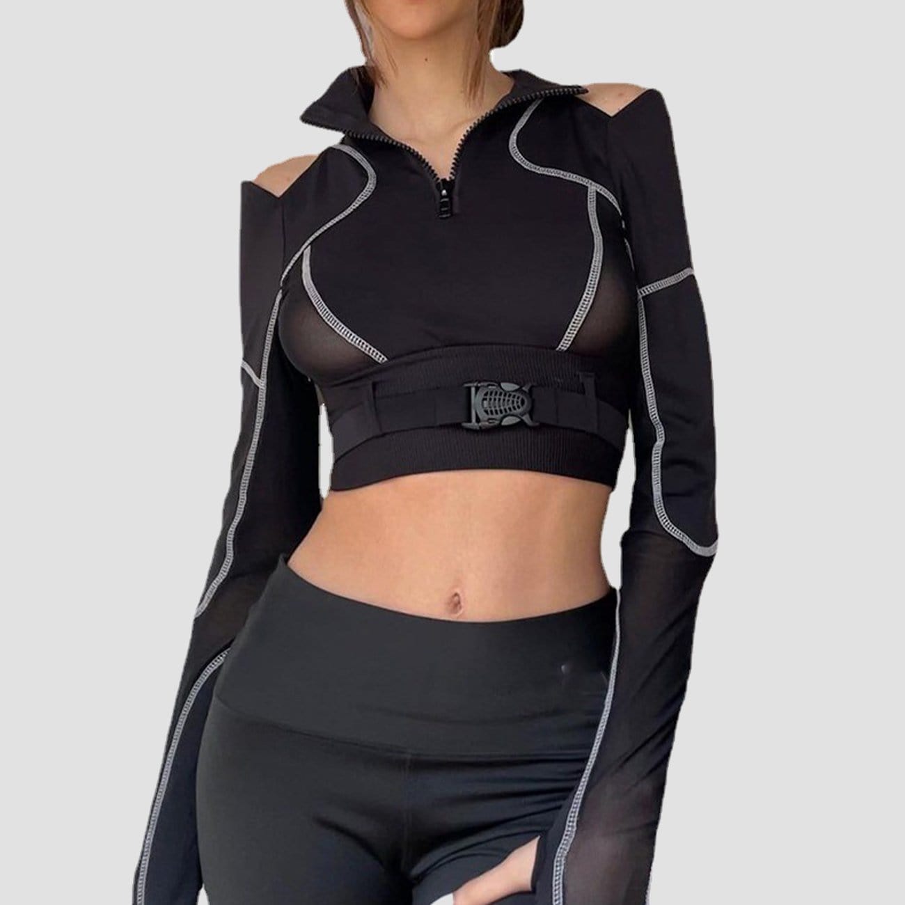 Dark Personality Patchwork Mesh Buckle Cropped Long Sleeve T Shirt