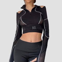 Dark Personality Patchwork Mesh Buckle Cropped Long Sleeve T Shirt
