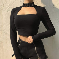 Metal Circle Hollow Out Long-sleeved T-shirt