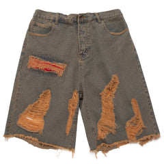 Vintage Patchwork Ripped Hole Denim Shorts