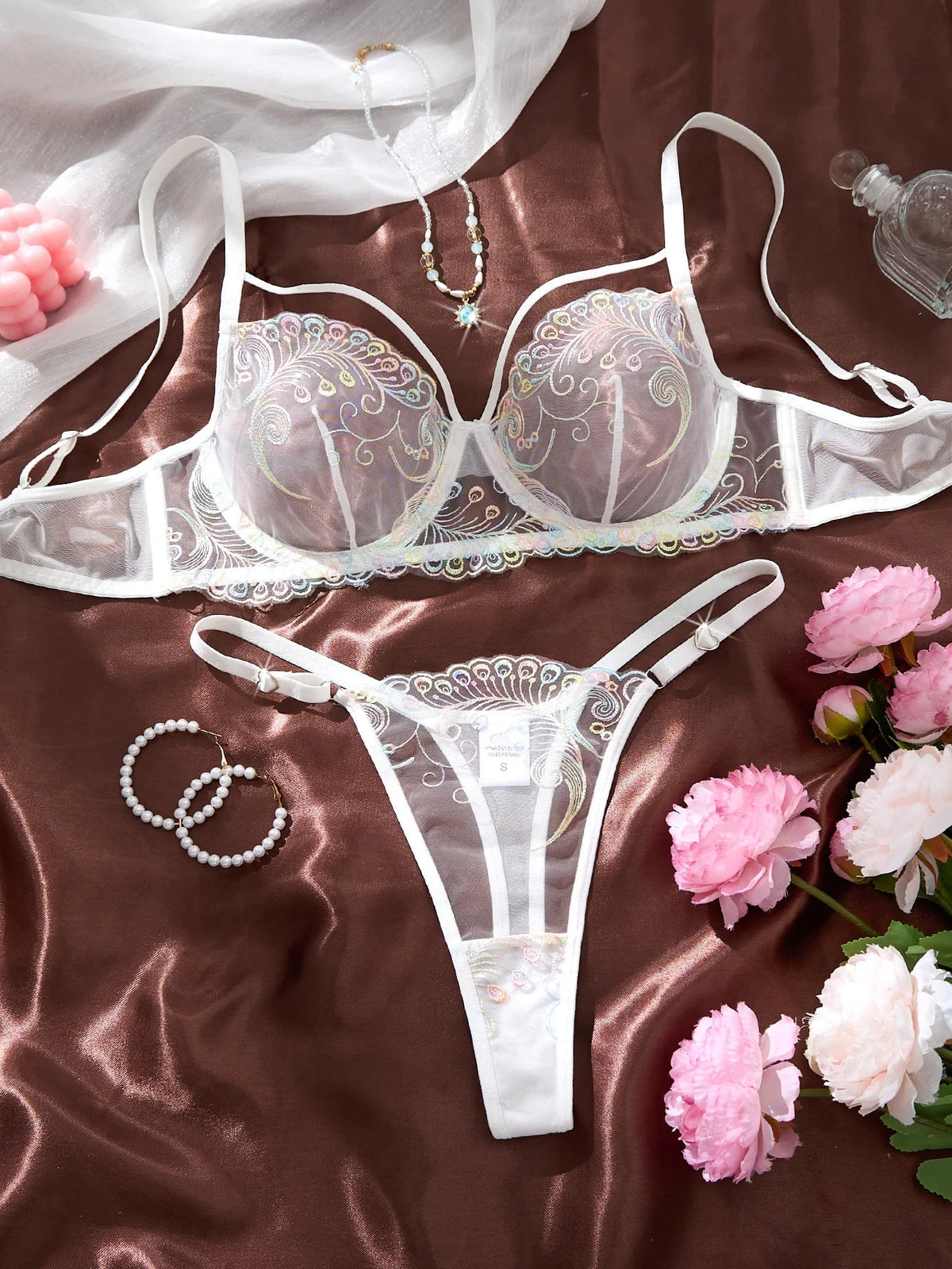 White Iridescent Peacock Feather Embroidered Lace Bra