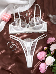 White Iridescent Peacock Feather Embroidered Lace Bra