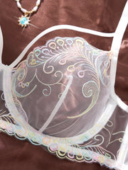 White Iridescent Peacock Feather Embroidered Lace Bra