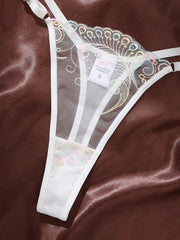 White Iridescent Peacock Feather Embroidered Lace Bra