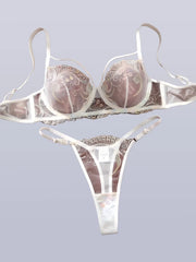 White Iridescent Peacock Feather Embroidered Lace Bra