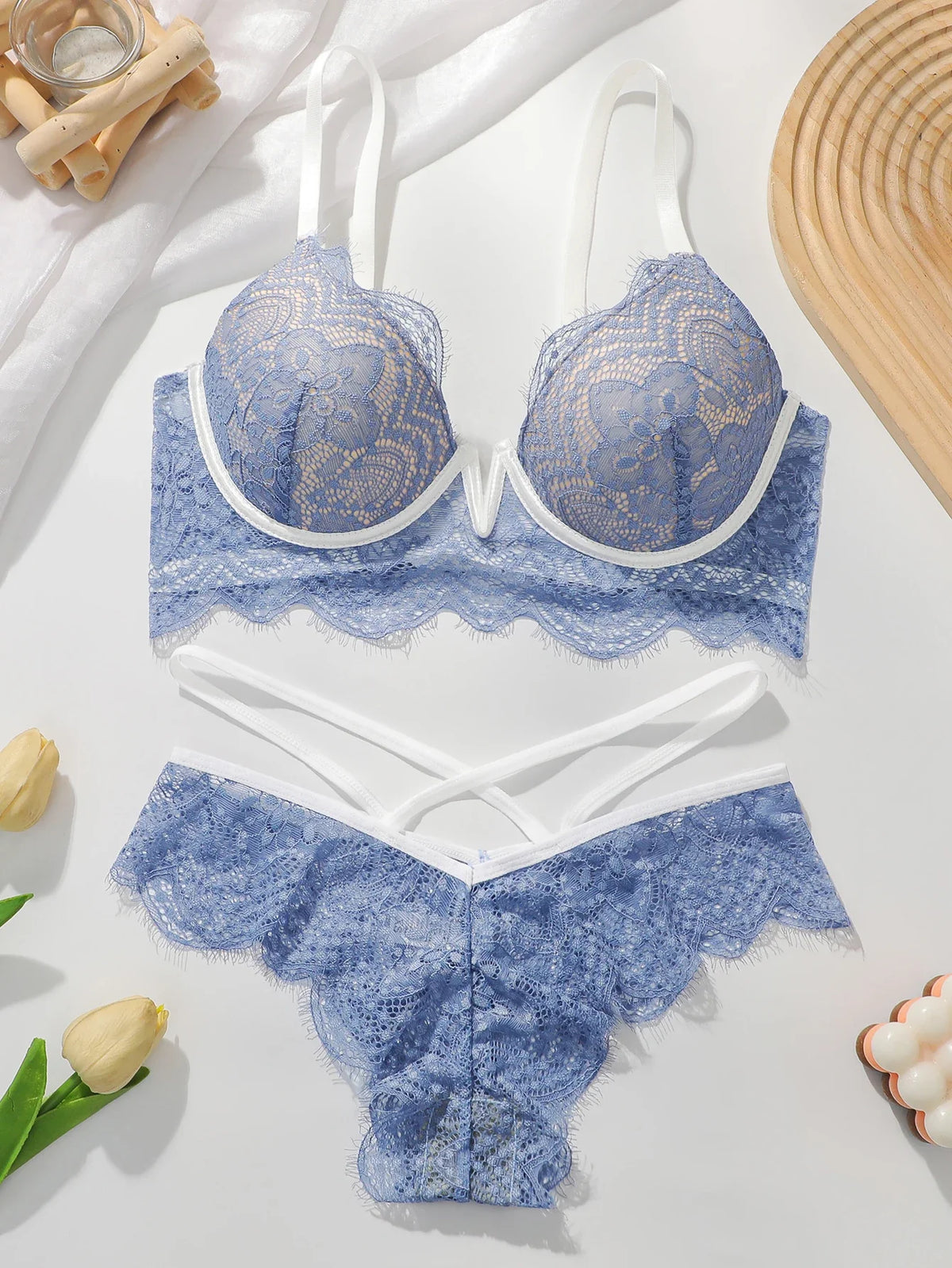 Women Blue Eyelash Lace lingerie