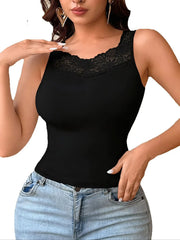 Women Lace Trim Sleeveless Tank Tops Summer Solid Slim Fit Camisole Elegant Floral Lace Neck Casual Daily Basic Vest
