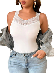 Women Lace Trim Sleeveless Tank Tops Summer Solid Slim Fit Camisole Elegant Floral Lace Neck Casual Daily Basic Vest