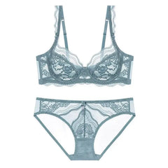 Women Stylish Ultra Thin Lace UnderwearSet French Solid Soft Underwire Bra