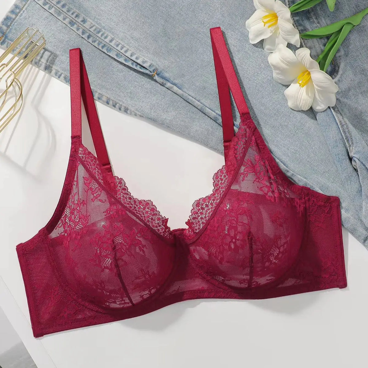 Women Plus Size Red Lace Sheer Bra